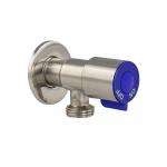 Кран металлокерамика угловой 1/2"х1/2", ручка СИНИЙ флажок, с отражателем, из нержавеющей стали, цвет САТИН.
