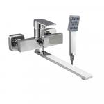 Смеситель для ванны с длинным плоским изливом, шаровый, квадратный корпус, цвет ХРОМ.