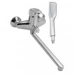 Смеситель в ванную, длинный излив с дивертором на корпусе, шаровый, с сатеновой ручкой